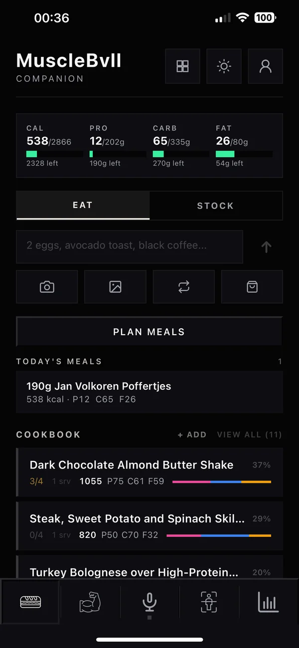 Muscle Bvll Nutrition on iPhone: today's calories and macros, meals and cookbook