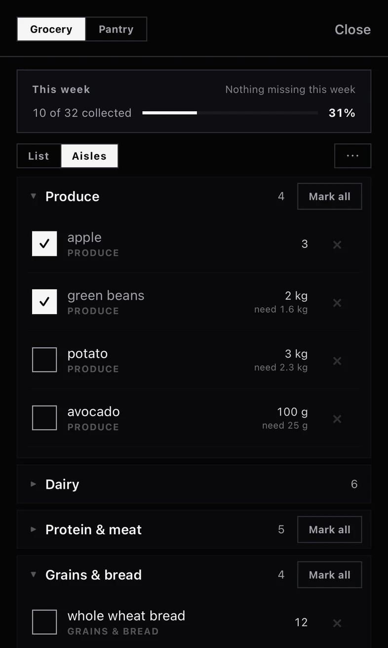 Muscle Bvll on iPhone: this week's grocery list